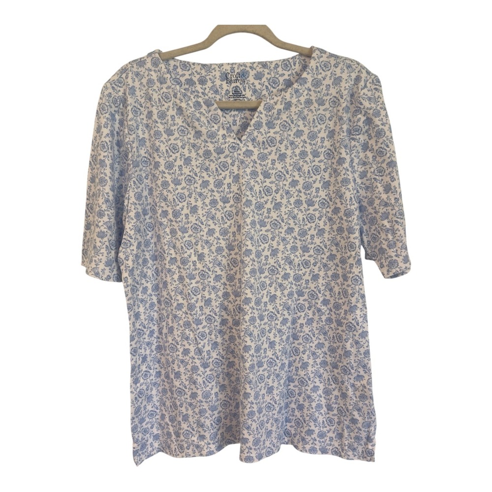 Croft & Barrow Womens XL Blue White Floral V-Neck 100% Cotton Short Sleeve Top